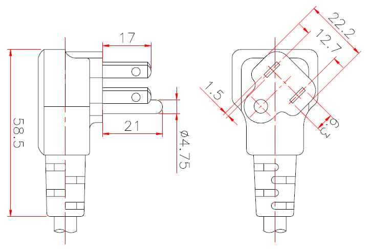 USA NEMA 5-15P 3-Pin Wire Grounding, Angle Type AC Plug, 15A